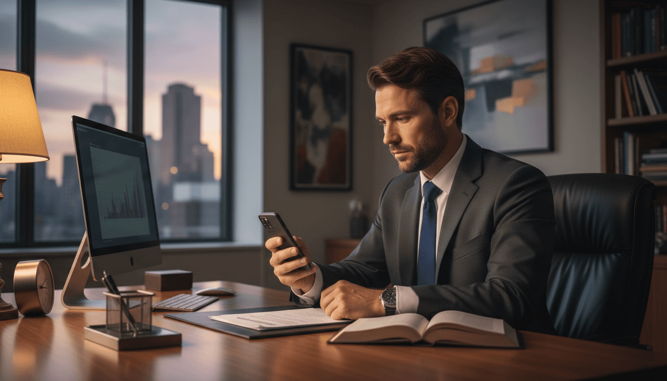 Attorney looking at phone on office desk with warm lighting