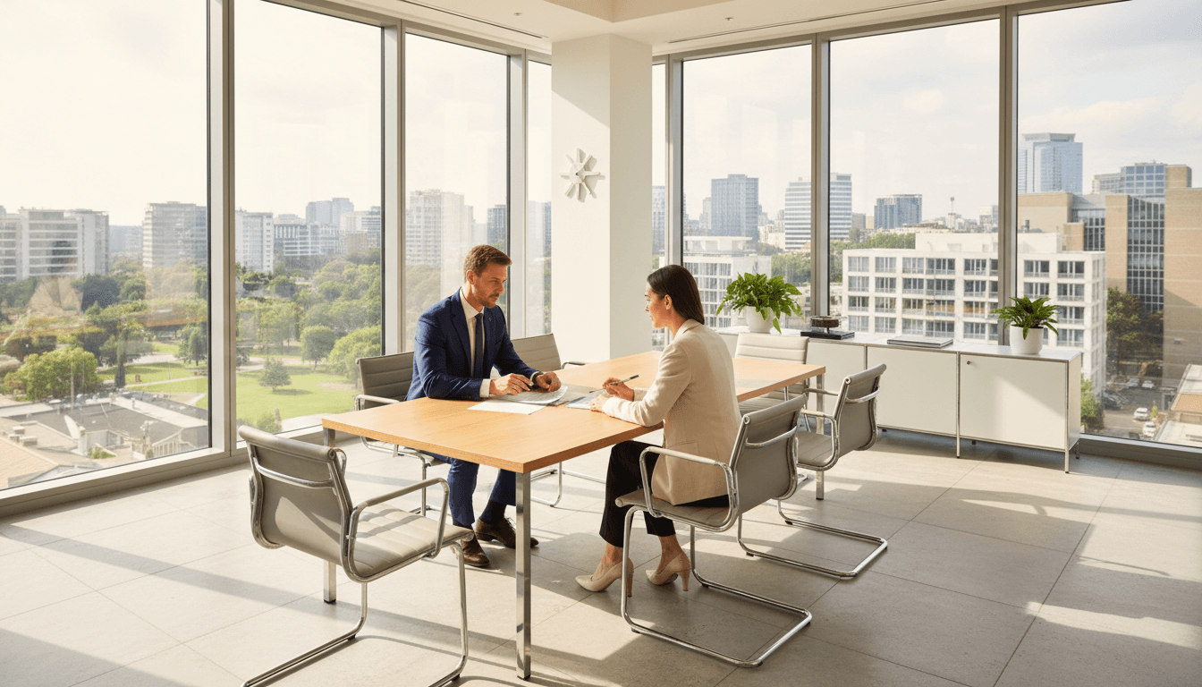 Client meeting with lawyer in bright modern office
