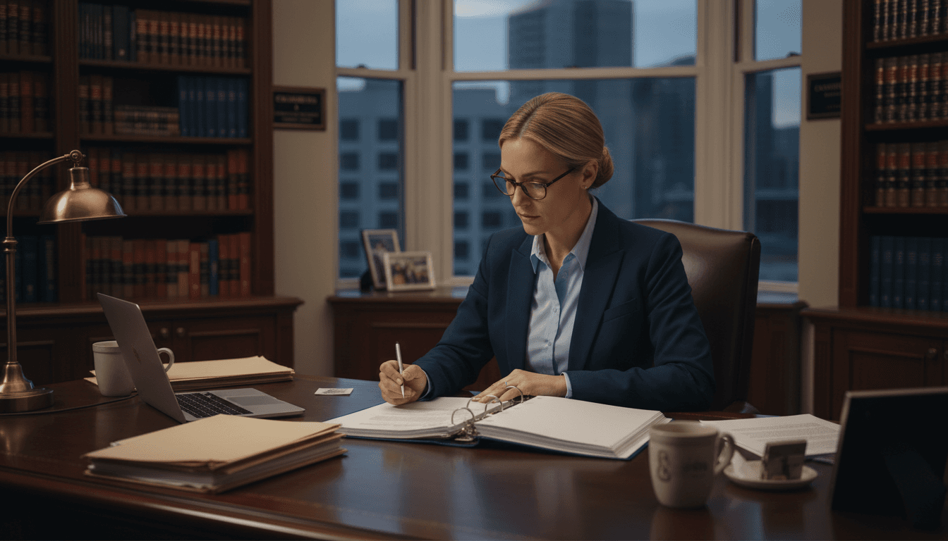 Lawyer reviewing documents in law office study