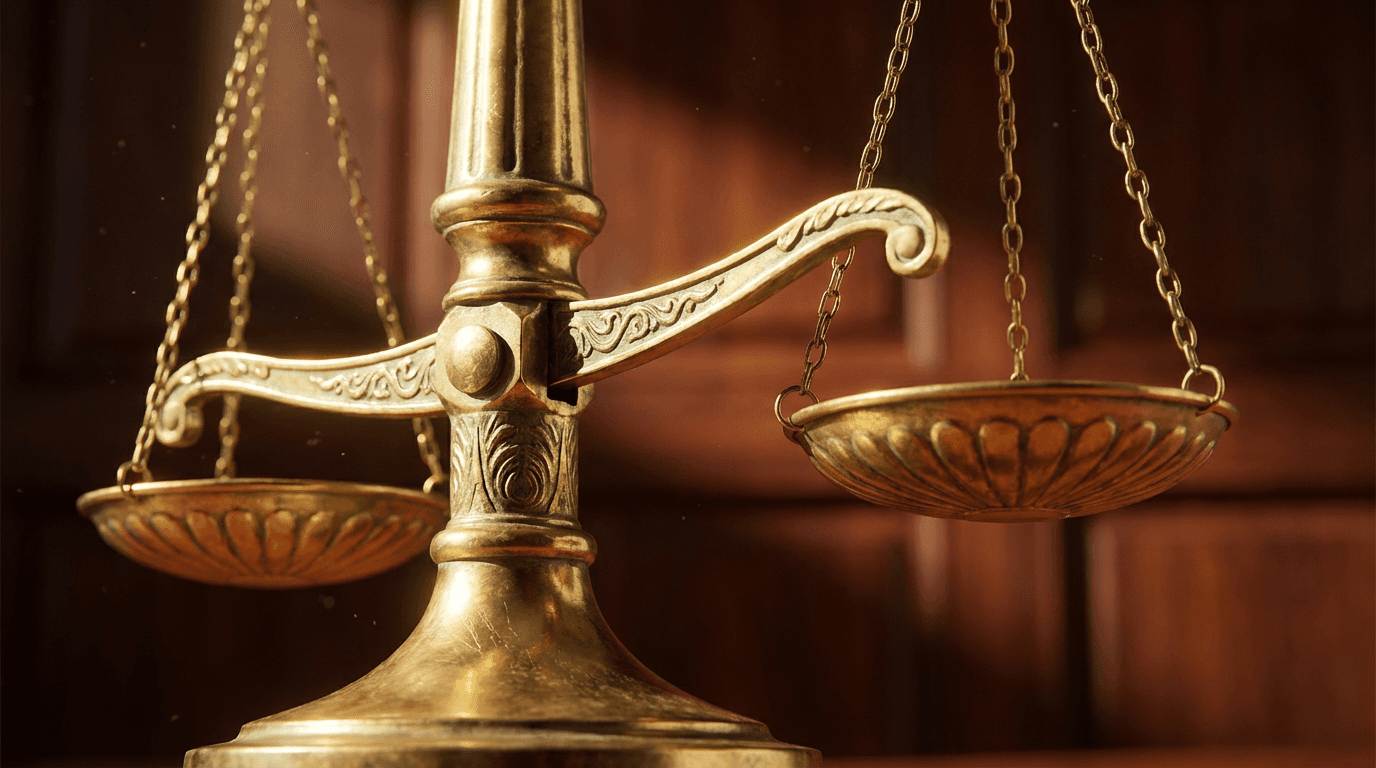 Close-up of ornate brass scales of justice with dramatic lighting and blurred law library background, emphasizing balance and legal tradition.